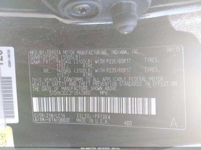 46081700 :رقم المزاد ، 5TDYK3DC2FS642860 vin ، 2015 Toyota Sienna Xle 8 Passenger مزاد بيع