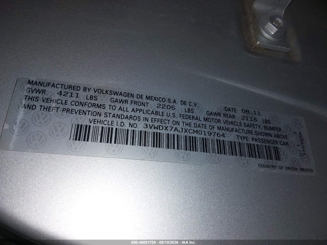 Продаж на аукціоні авто 2012 Volkswagen Jetta 2.5l Se, vin: 3VWDX7AJXCM019764, номер лоту: 46081705
