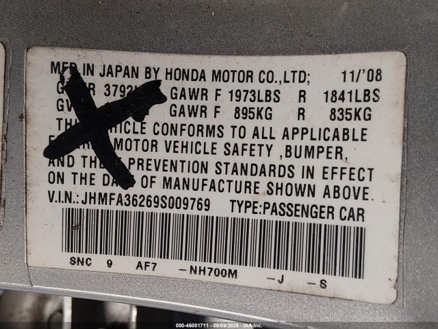 46081711 :رقم المزاد ، JHMFA36269S009769 vin ، 2009 Honda Civic Hybrid مزاد بيع