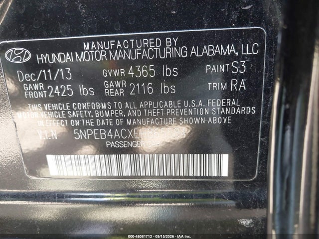 46081712 :رقم المزاد ، 5NPEB4ACXEH865584 vin ، 2014 Hyundai Sonata Gls مزاد بيع