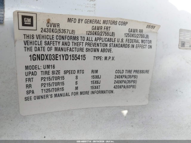 2000 Chevrolet Venture Ls მანქანა იყიდება აუქციონზე, vin: 1GNDX03E1YD155415, აუქციონის ნომერი: 46081714