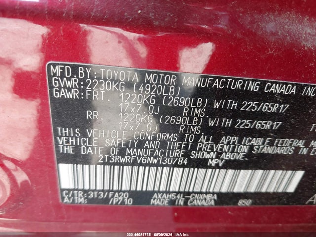 Aukcja sprzedaży 2022 Toyota Rav4 Hybrid Xle, vin: 2T3RWRFV6NW130784, numer aukcji: 46081735