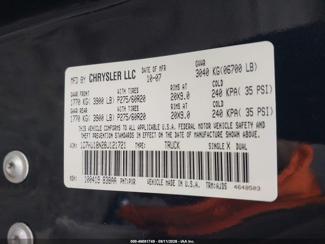 2008 Dodge Ram 1500 Slt მანქანა იყიდება აუქციონზე, vin: 1D7HU18N28J121721, აუქციონის ნომერი: 46081749