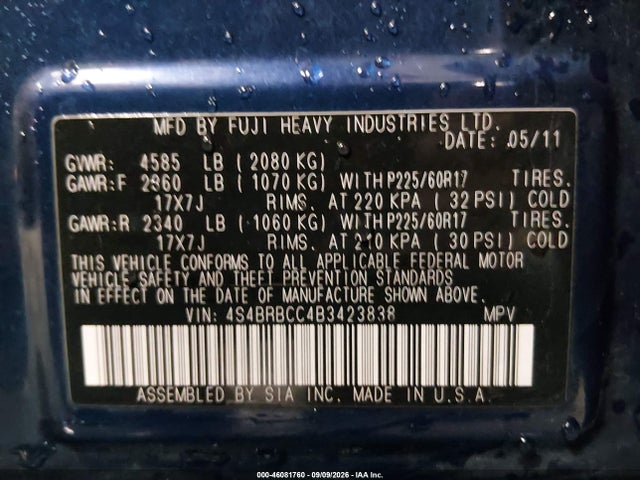 Продаж на аукціоні авто 2011 Subaru Outback 2.5i Premium, vin: 4S4BRBCC4B3423838, номер лоту: 46081760