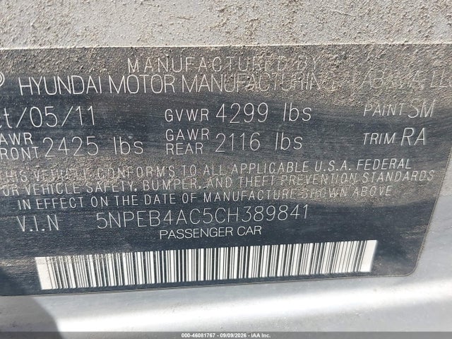 2012 Hyundai Sonata Gls მანქანა იყიდება აუქციონზე, vin: 5NPEB4AC5CH389841, აუქციონის ნომერი: 46081767
