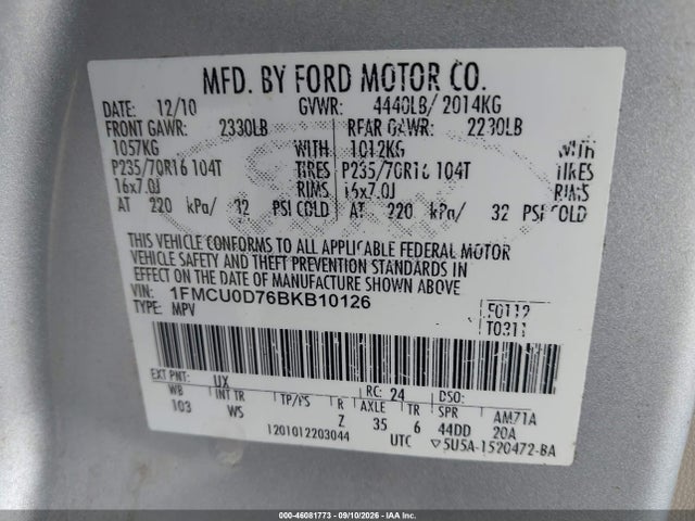 46081773 :رقم المزاد ، 1FMCU0D76BKB10126 vin ، 2011 Ford Escape Xlt مزاد بيع
