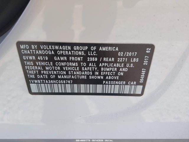 Auction sale of the 2017 Volkswagen Passat 1.8t Se, vin: 1VWBT7A36HC058767, lot number: 46081778