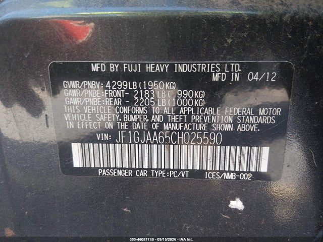 46081789 :رقم المزاد ، JF1GJAA65CH025590 vin ، 2012 Subaru Impreza 2.0i مزاد بيع