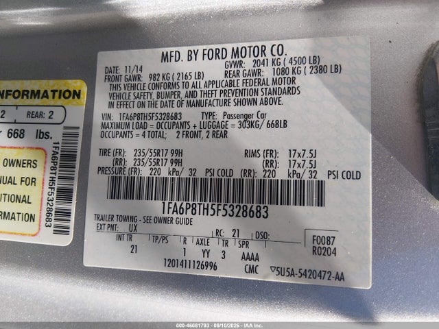 Продаж на аукціоні авто 2015 Ford Mustang Ecoboost, vin: 1FA6P8TH5F5328683, номер лоту: 46081793
