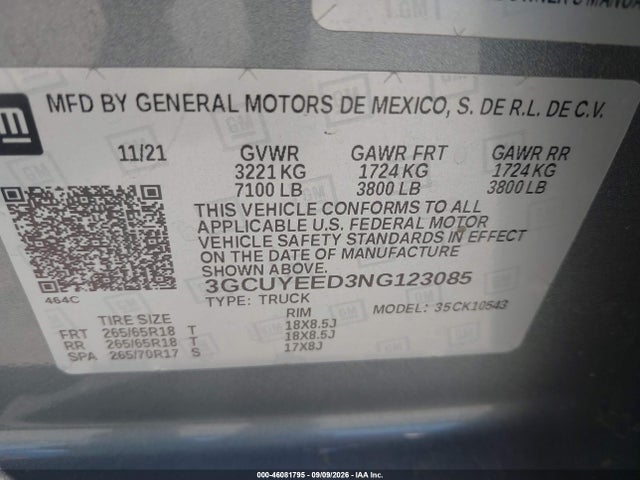 Aukcja sprzedaży 2022 Chevrolet Silverado 1500 Ltd 4wd  Short Bed Rst, vin: 3GCUYEED3NG123085, numer aukcji: 46081795
