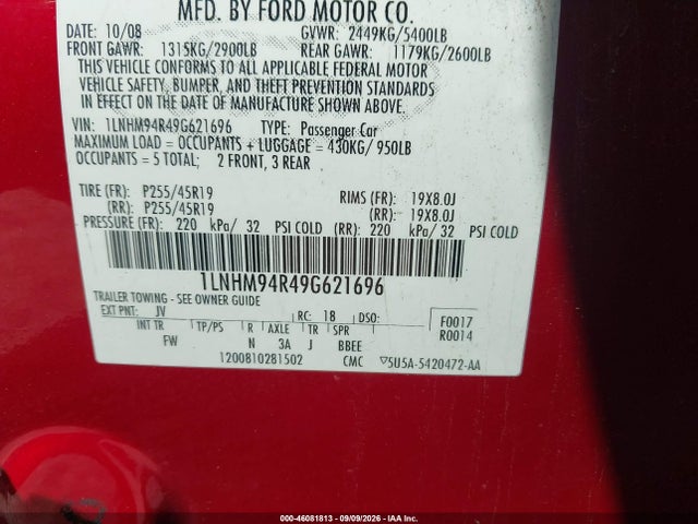 Aukcja sprzedaży 2009 Lincoln Mks, vin: 1LNHM94R49G621696, numer aukcji: 46081813
