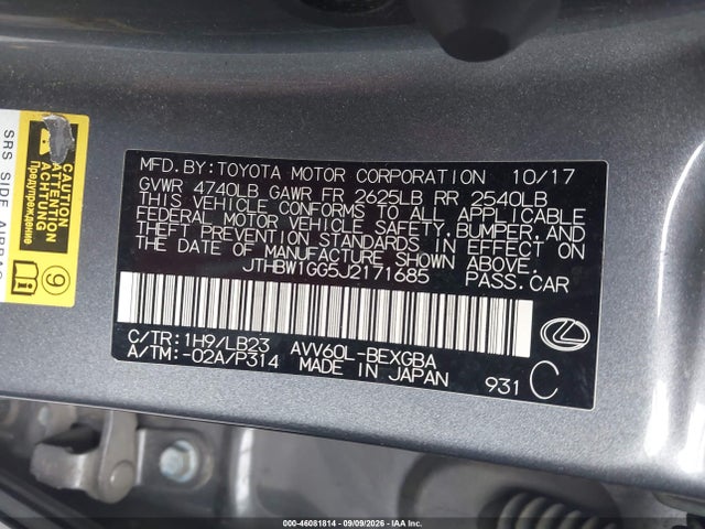 Aukcja sprzedaży 2018 Lexus Es 300h, vin: JTHBW1GG5J2171685, numer aukcji: 46081814