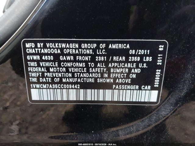 2012 Volkswagen Passat 3.6l V6 Sel Premium მანქანა იყიდება აუქციონზე, vin: 1VWCM7A35CC009442, აუქციონის ნომერი: 46081815