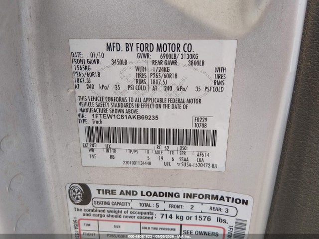 2010 Ford F-150 Xl/xlt მანქანა იყიდება აუქციონზე, vin: 1FTEW1C81AKB69235, აუქციონის ნომერი: 46081822