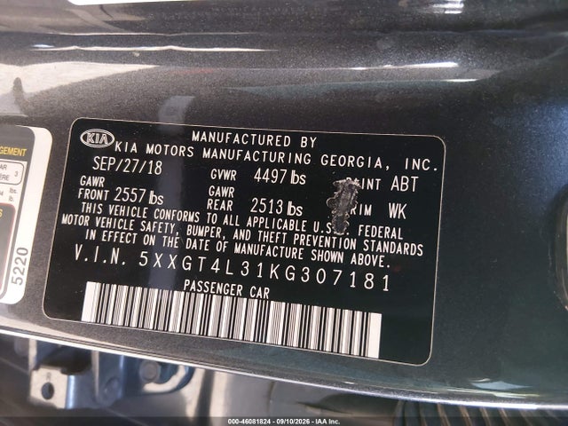 Продаж на аукціоні авто 2019 Kia Optima Lx, vin: 5XXGT4L31KG307181, номер лоту: 46081824