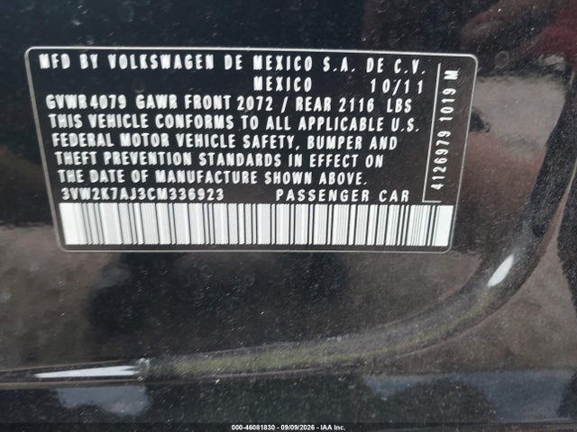 2012 Volkswagen Jetta 2.0l S მანქანა იყიდება აუქციონზე, vin: 3VW2K7AJ3CM336923, აუქციონის ნომერი: 46081830