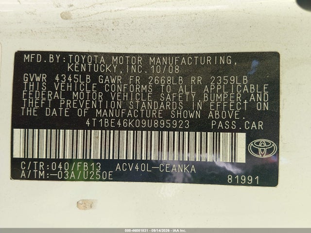 Aukcja sprzedaży 2009 Toyota Camry Le, vin: 4T1BE46K09U895923, numer aukcji: 46081831