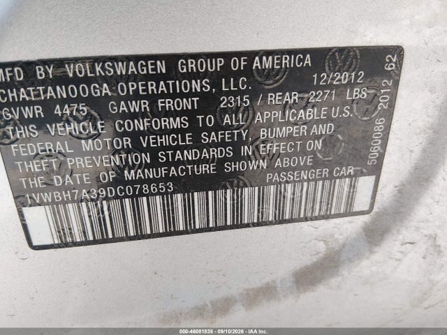 46081838 :رقم المزاد ، 1VWBH7A39DC078653 vin ، 2013 Volkswagen Passat 2.5l Se مزاد بيع