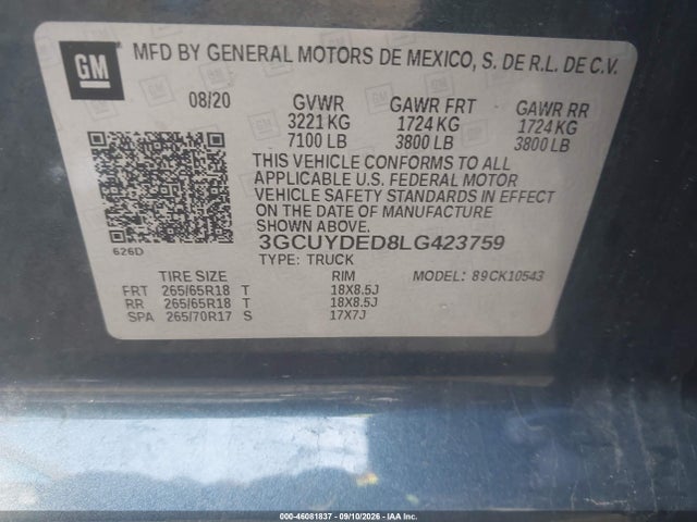Aukcja sprzedaży 2020 Chevrolet Silverado 1500 4wd  Short Bed Lt, vin: 3GCUYDED8LG423759, numer aukcji: 46081837