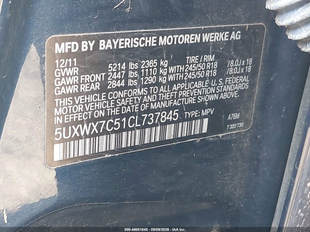 Aukcja sprzedaży 2012 Bmw X3 Xdrive35i, vin: 5UXWX7C51CL737845, numer aukcji: 46081845