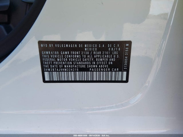 Aukcja sprzedaży 2017 Volkswagen Jetta 1.4t S, vin: 3VW2B7AJ9HM224215, numer aukcji: 46081858