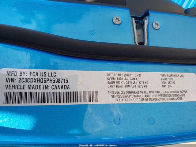 Продаж на аукціоні авто 2023 Dodge Charger Gt, vin: 2C3CDXHG6PH598715, номер лоту: 46081871