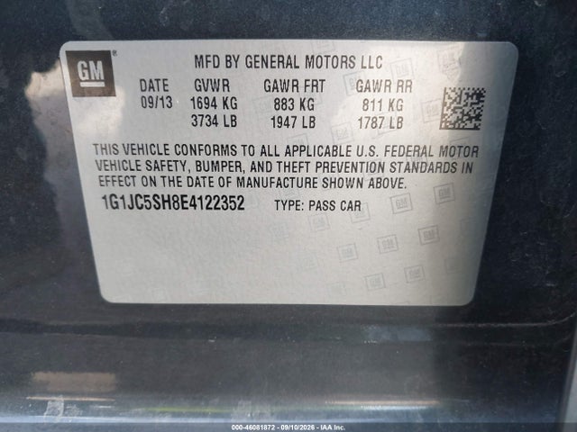46081872 :رقم المزاد ، 1G1JC5SH8E4122352 vin ، 2014 Chevrolet Sonic Lt Auto مزاد بيع