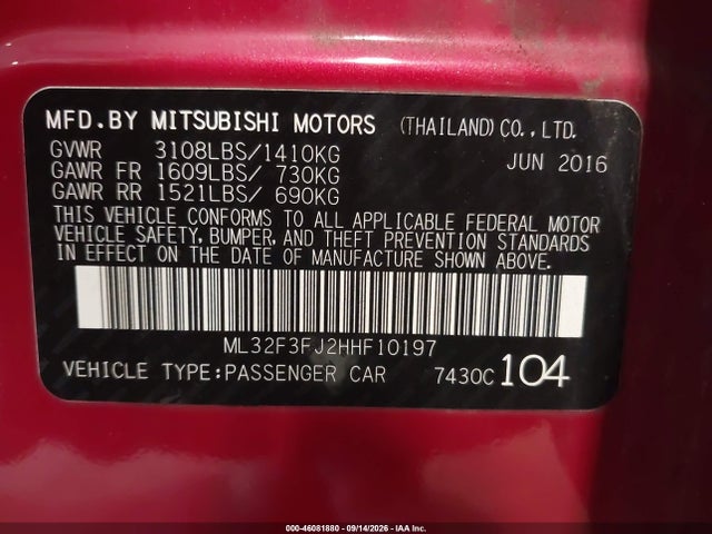 2017 Mitsubishi Mirage G4 Es მანქანა იყიდება აუქციონზე, vin: ML32F3FJ2HHF10197, აუქციონის ნომერი: 46081880