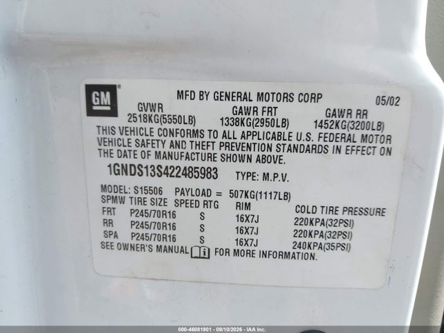 46081901 :رقم المزاد ، 1GNDS13S422485983 vin ، 2002 Chevrolet Trailblazer Ls مزاد بيع