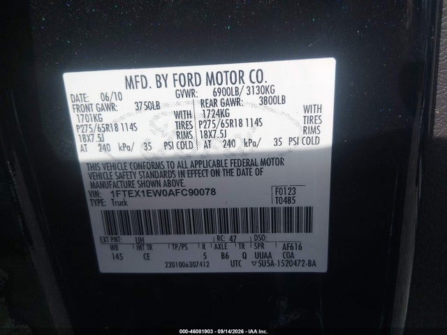 46081903 :رقم المزاد ، 1FTEX1EW0AFC90078 vin ، 2010 Ford F-150 Stx/xl مزاد بيع