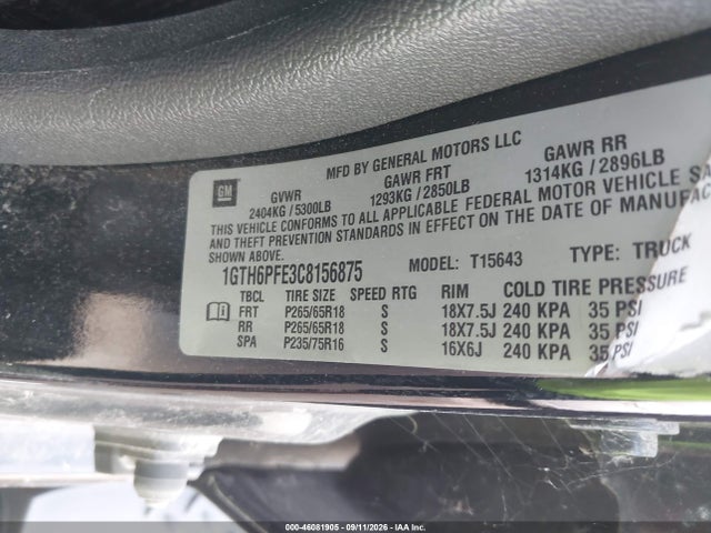 46081905 :رقم المزاد ، 1GTH6PFE3C8156875 vin ، 2012 Gmc Canyon Sle2 مزاد بيع