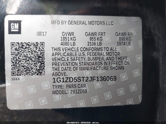 Продажа на аукционе авто 2018 Chevrolet Malibu Lt, vin: 1G1ZD5ST2JF136069, номер лота: 46081912