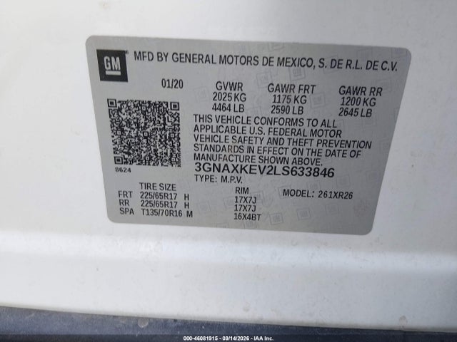 Aukcja sprzedaży 2020 Chevrolet Equinox Fwd Lt 1.5l Turbo, vin: 3GNAXKEV2LS633846, numer aukcji: 46081915