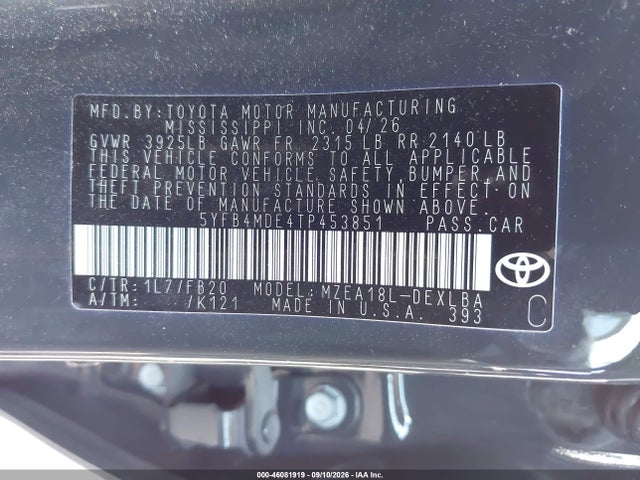 Продажа на аукционе авто 2026 Toyota Corolla Le, vin: 5YFB4MDE4TP453851, номер лота: 46081919