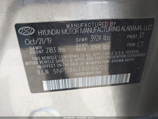 Aukcja sprzedaży 2020 Hyundai Elantra Value Edition, vin: 5NPD84LFXLH557233, numer aukcji: 46081931