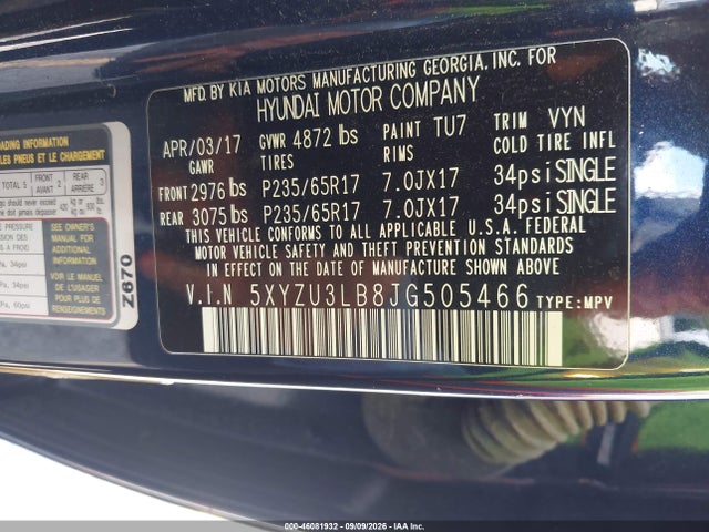 46081932 :رقم المزاد ، 5XYZU3LB8JG505466 vin ، 2018 Hyundai Santa Fe Sport 2.4l مزاد بيع