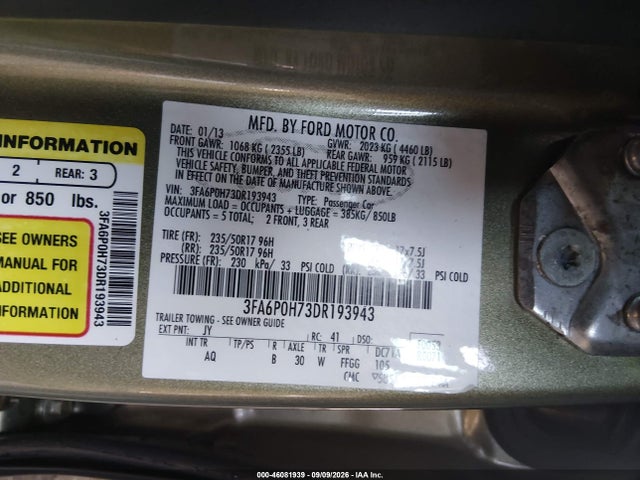 Продажа на аукционе авто 2013 Ford Fusion Se, vin: 3FA6P0H73DR193943, номер лота: 46081939