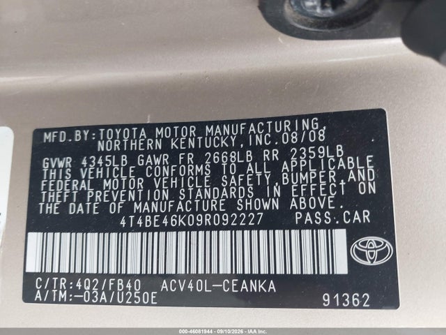 46081944 :رقم المزاد ، 4T4BE46K09R092227 vin ، 2009 Toyota Camry Le مزاد بيع