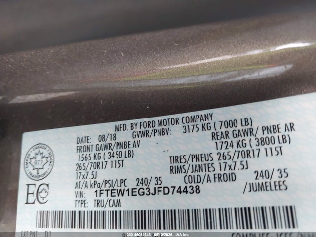 46081948 :رقم المزاد ، 1FTEW1EG3JFD74438 vin ، 2018 Ford F-150 Xlt مزاد بيع