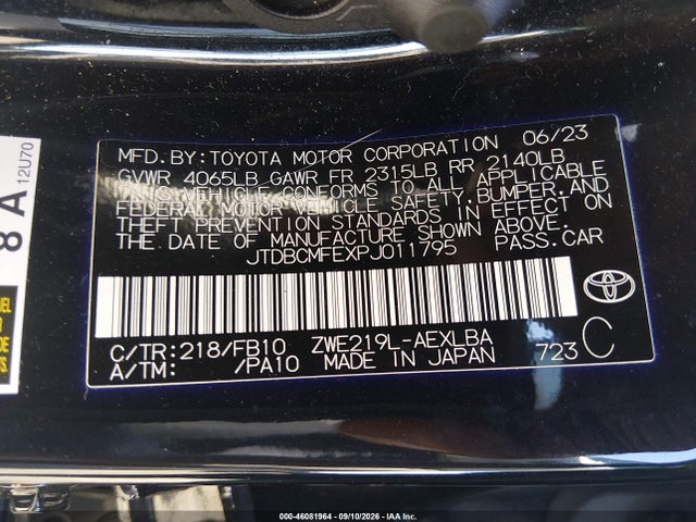 Aukcja sprzedaży 2023 Toyota Corolla Hybrid Le, vin: JTDBCMFEXPJ011795, numer aukcji: 46081964