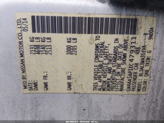46081975 :رقم المزاد ، 1N4AA5AP1EC479311 vin ، 2014 Nissan Maxima 3.5 Sv مزاد بيع