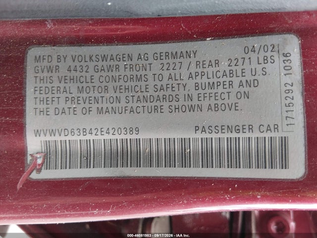 2002 Volkswagen Passat Gls მანქანა იყიდება აუქციონზე, vin: WVWVD63B42E420389, აუქციონის ნომერი: 46081983