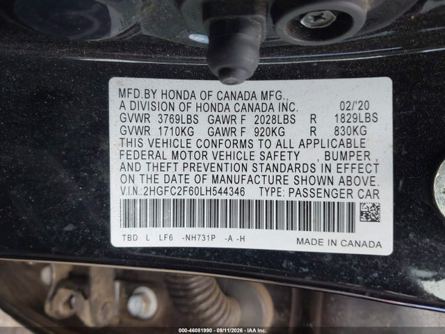 2020 Honda Civic Lx მანქანა იყიდება აუქციონზე, vin: 2HGFC2F60LH544346, აუქციონის ნომერი: 46081990