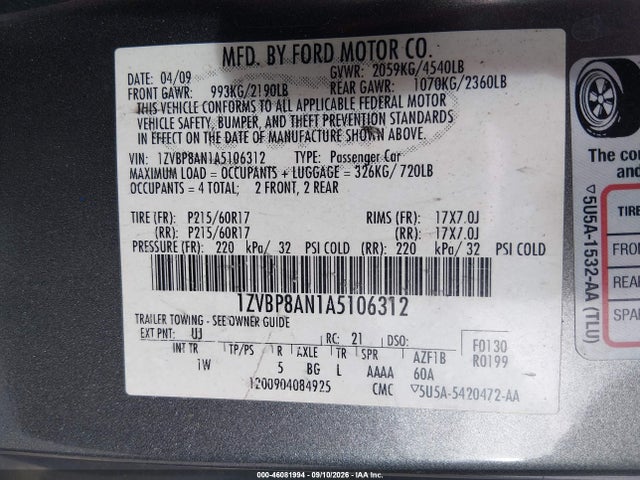 46081994 :رقم المزاد ، 1ZVBP8AN1A5106312 vin ، 2010 Ford Mustang V6/v6 Premium مزاد بيع