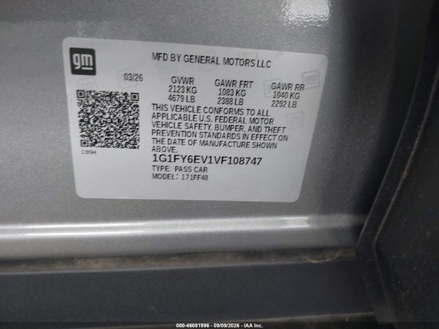 Aukcja sprzedaży 2027 Chevrolet Bolt Lt Fwd, vin: 1G1FY6EV1VF108747, numer aukcji: 46081996