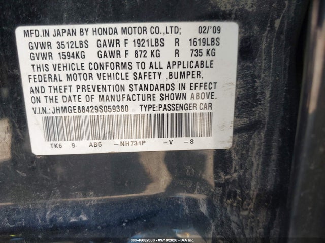 Aukcja sprzedaży 2009 Honda Fit Sport, vin: JHMGE88429S059380, numer aukcji: 46082030