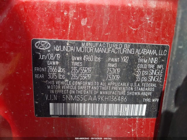 2019 Hyundai Santa Fe Ultimate 2.0t მანქანა იყიდება აუქციონზე, vin: 5NMS5CAA9KH136486, აუქციონის ნომერი: 46082042