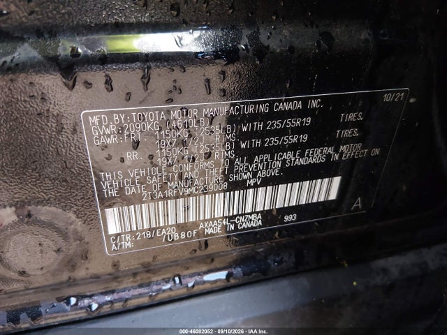 2021 Toyota Rav4 Xle Premium მანქანა იყიდება აუქციონზე, vin: 2T3A1RFV9MC239008, აუქციონის ნომერი: 46082052
