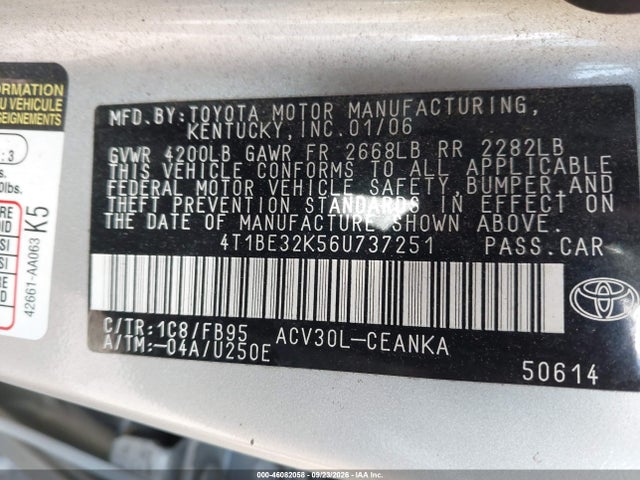 2006 Toyota Camry Std მანქანა იყიდება აუქციონზე, vin: 4T1BE32K56U737251, აუქციონის ნომერი: 46082058