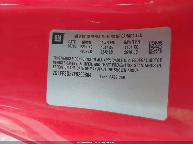 46082068 :رقم المزاد ، 2G1FF3D37F9296804 vin ، 2015 Chevrolet Camaro 2lt مزاد بيع